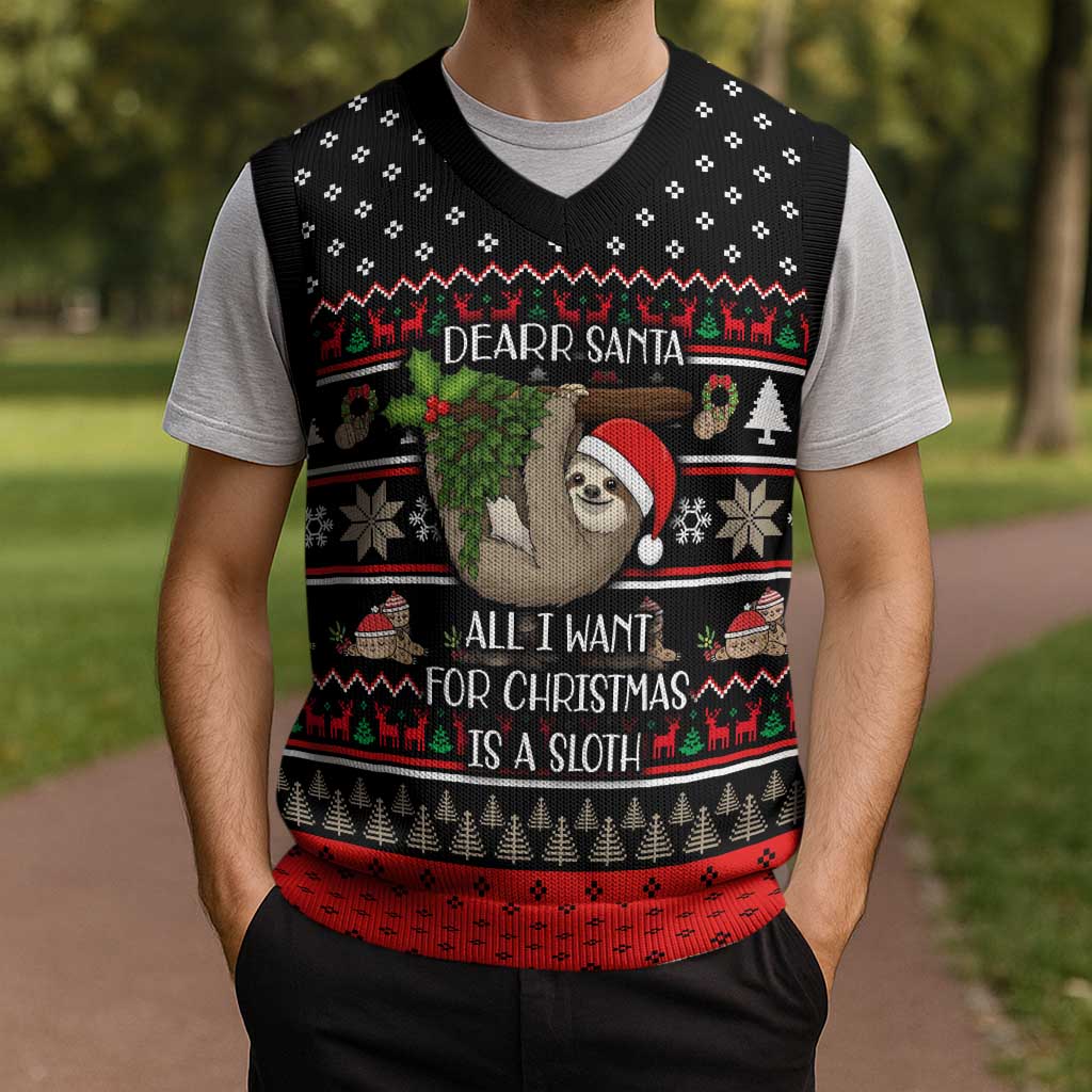Sloth All I Want For Christmas Knitted V-Neck Vest Xmas Holiday Patterns - Wonder Print Shop