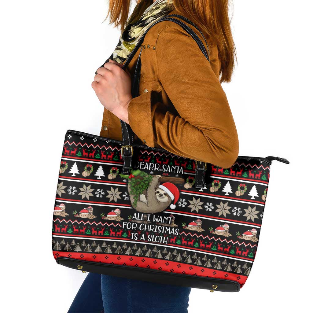 Sloth All I Want For Christmas Leather Tote Bag Xmas Holiday Patterns - Wonder Print Shop