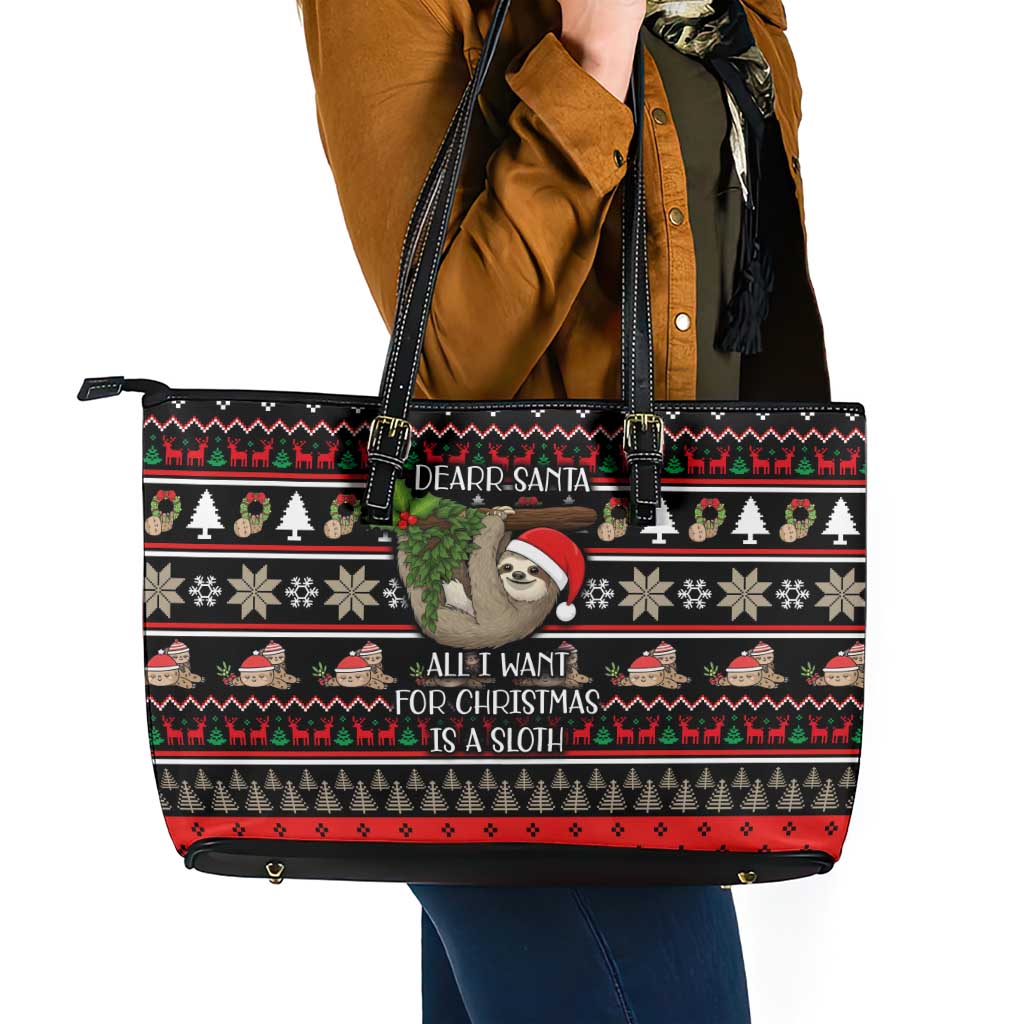 Sloth All I Want For Christmas Leather Tote Bag Xmas Holiday Patterns - Wonder Print Shop
