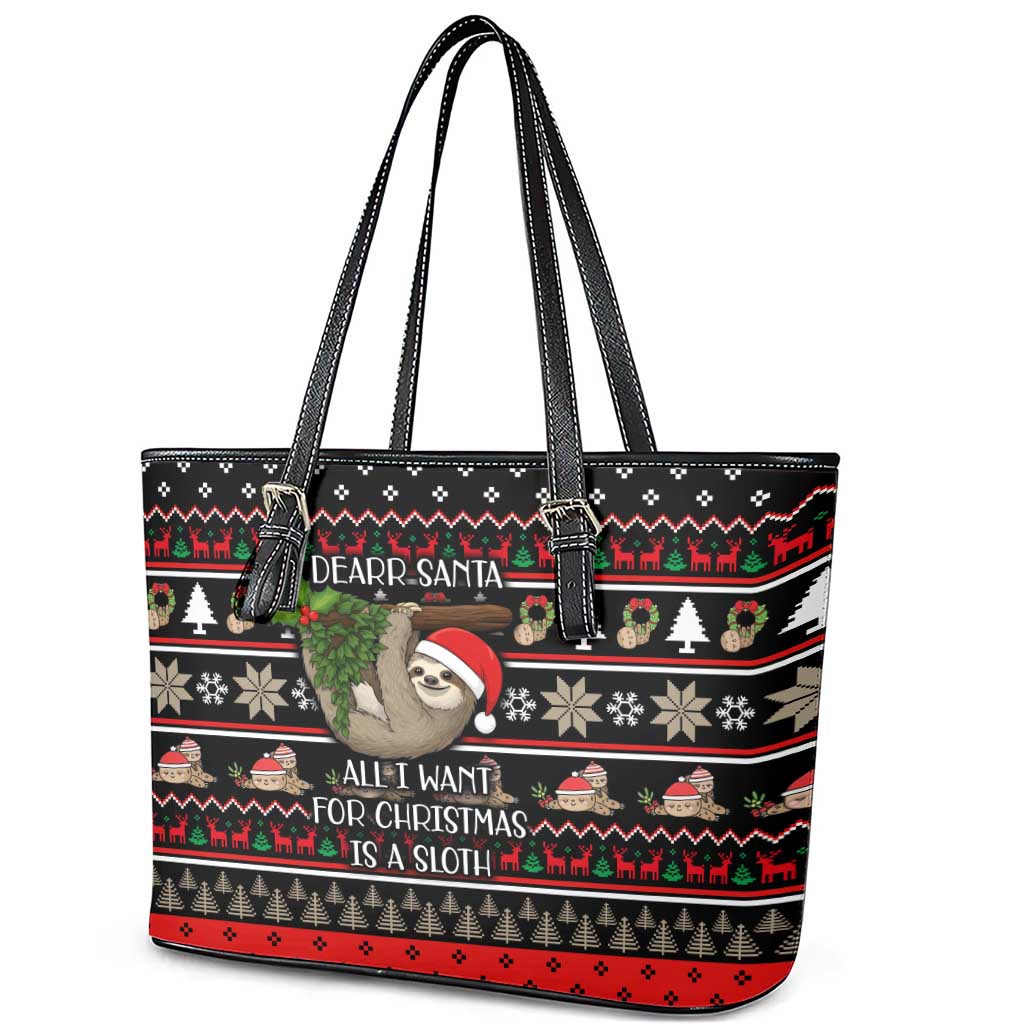 Sloth All I Want For Christmas Leather Tote Bag Xmas Holiday Patterns - Wonder Print Shop