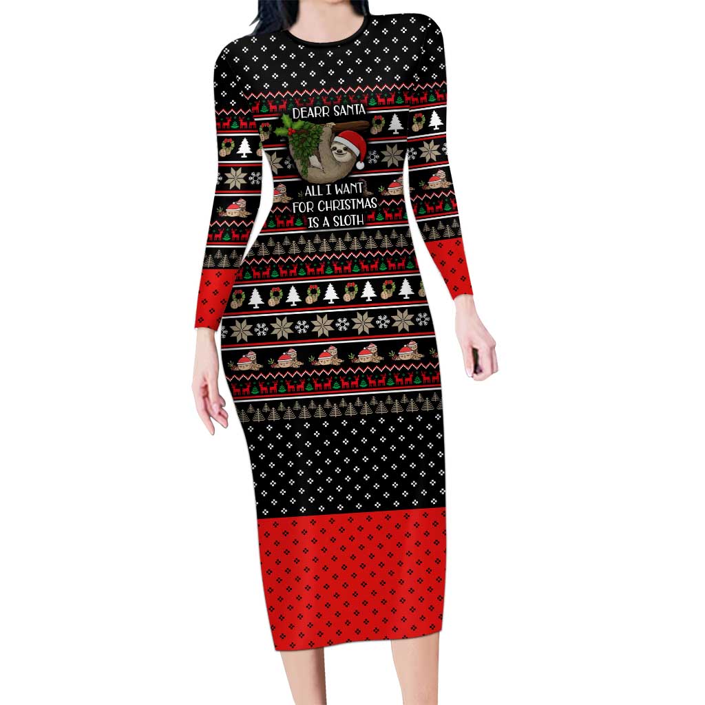 Sloth All I Want For Christmas Long Sleeve Bodycon Dress Xmas Holiday Patterns - Wonder Print Shop