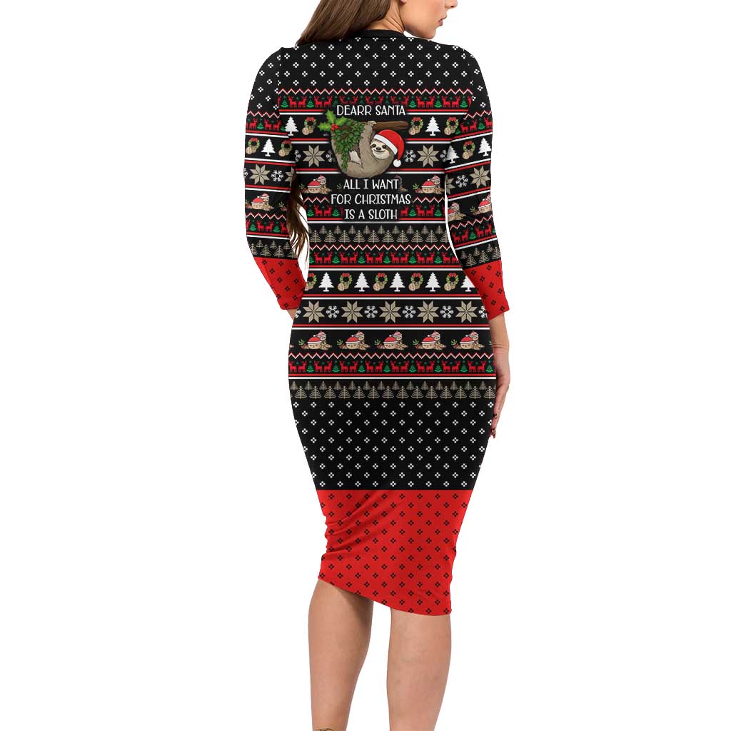 Sloth All I Want For Christmas Long Sleeve Bodycon Dress Xmas Holiday Patterns - Wonder Print Shop