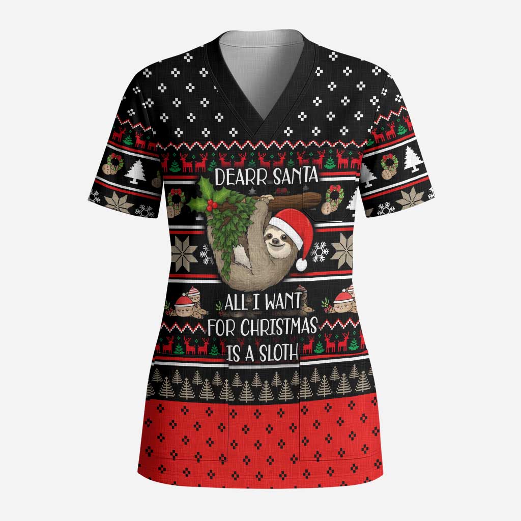 Sloth All I Want For Christmas Scrub Top Xmas Holiday Patterns - Wonder Print Shop