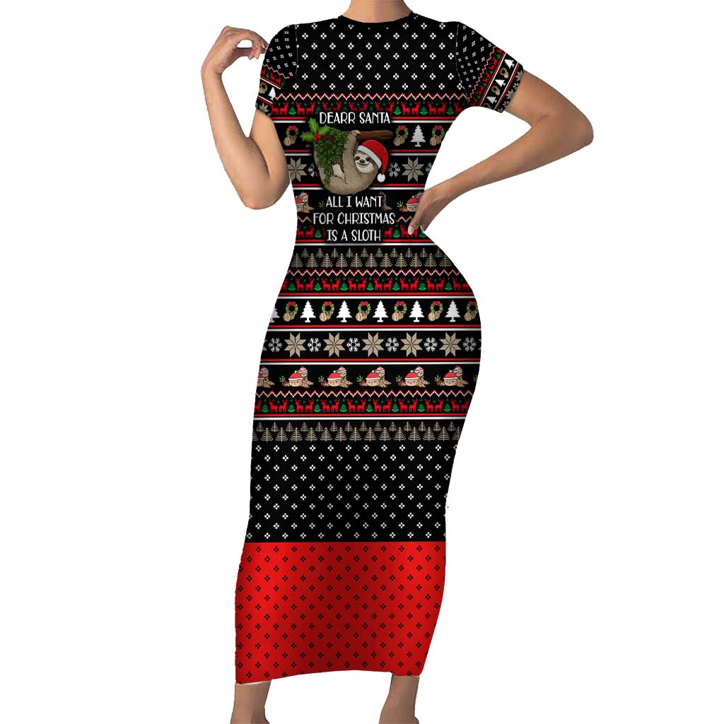 Sloth All I Want For Christmas Short Sleeve Bodycon Dress Xmas Holiday Patterns - Wonder Print Shop