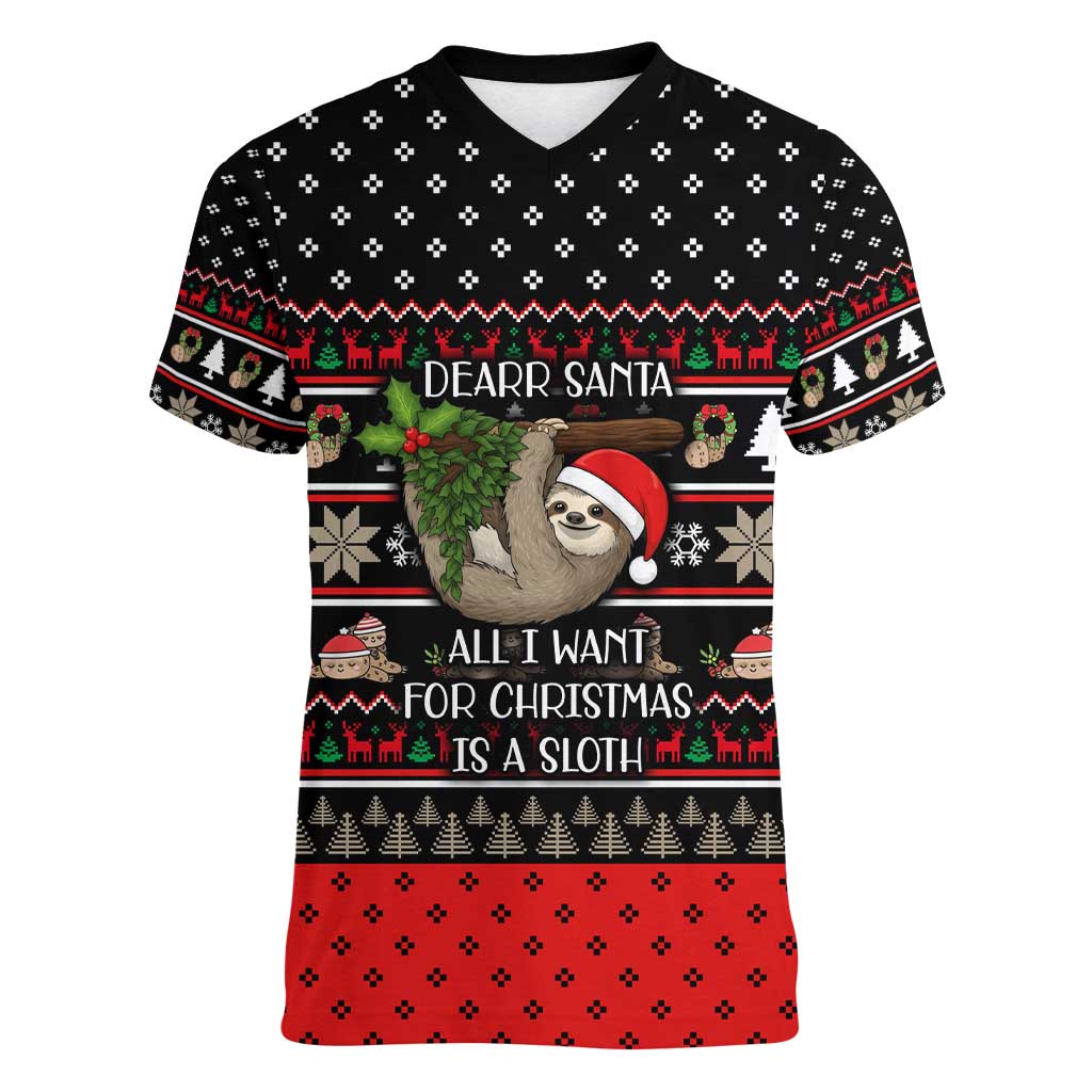 Sloth All I Want For Christmas Women V-Neck T-Shirt Xmas Holiday Patterns - Wonder Print Shop