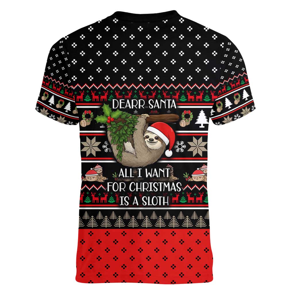 Sloth All I Want For Christmas Women V-Neck T-Shirt Xmas Holiday Patterns - Wonder Print Shop