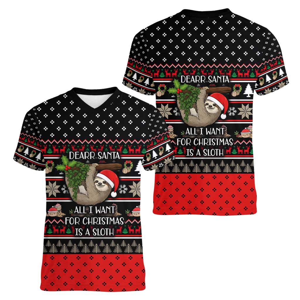 Sloth All I Want For Christmas Women V-Neck T-Shirt Xmas Holiday Patterns - Wonder Print Shop