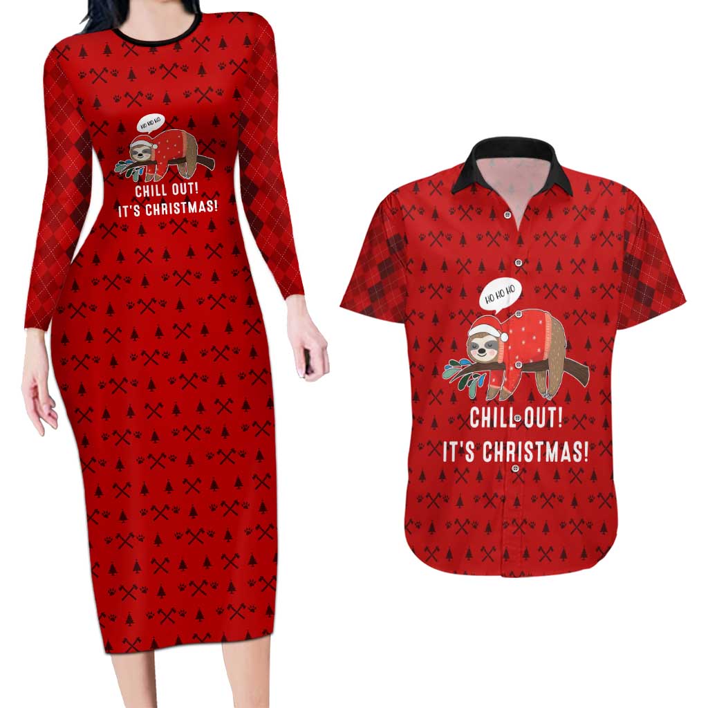 Sloth Chill Out Christmas Couples Matching Long Sleeve Bodycon Dress and Hawaiian Shirt Xmas Holiday Patterns - Wonder Print Shop