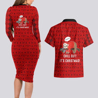 Sloth Chill Out Christmas Couples Matching Long Sleeve Bodycon Dress and Hawaiian Shirt Xmas Holiday Patterns - Wonder Print Shop