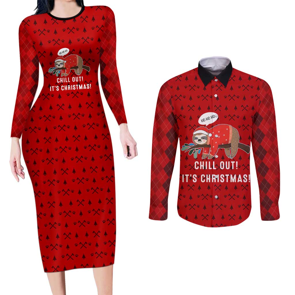 Sloth Chill Out Christmas Couples Matching Long Sleeve Bodycon Dress and Long Sleeve Button Shirt Xmas Holiday Patterns - Wonder Print Shop