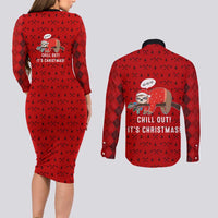 Sloth Chill Out Christmas Couples Matching Long Sleeve Bodycon Dress and Long Sleeve Button Shirt Xmas Holiday Patterns - Wonder Print Shop