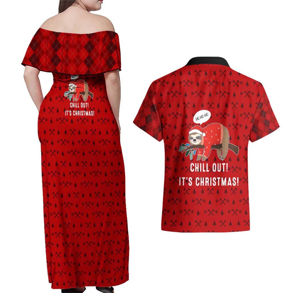 Sloth Chill Out Christmas Couples Matching Off Shoulder Maxi Dress and Hawaiian Shirt Xmas Holiday Patterns - Wonder Print Shop