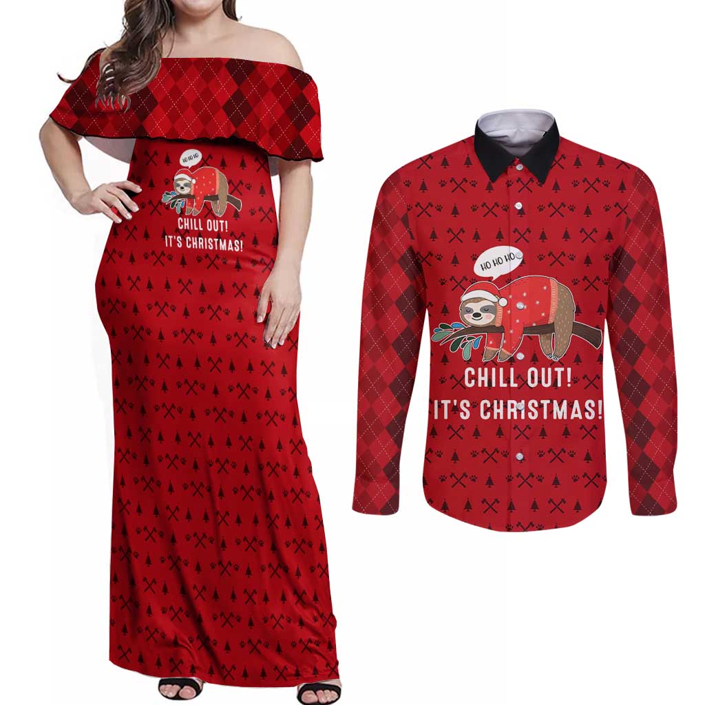 Sloth Chill Out Christmas Couples Matching Off Shoulder Maxi Dress and Long Sleeve Button Shirt Xmas Holiday Patterns - Wonder Print Shop