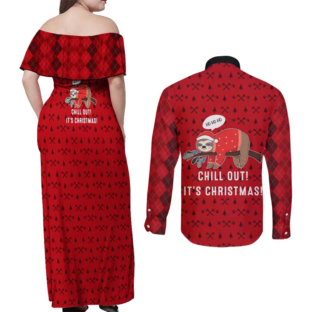 Sloth Chill Out Christmas Couples Matching Off Shoulder Maxi Dress and Long Sleeve Button Shirt Xmas Holiday Patterns - Wonder Print Shop