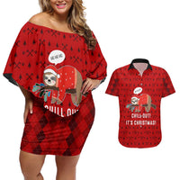 Sloth Chill Out Christmas Couples Matching Off Shoulder Short Dress and Hawaiian Shirt Xmas Holiday Patterns - Wonder Print Shop