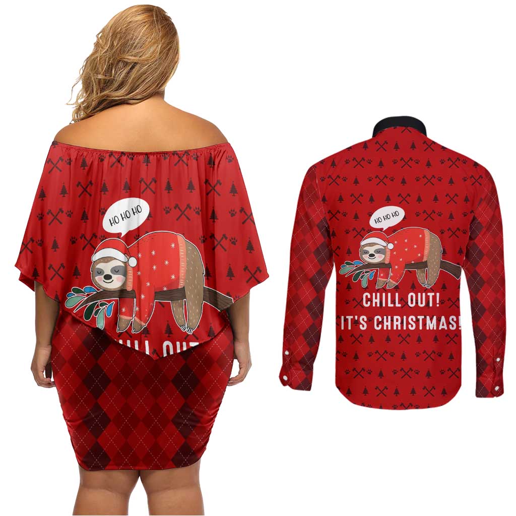 Sloth Chill Out Christmas Couples Matching Off Shoulder Short Dress and Long Sleeve Button Shirt Xmas Holiday Patterns - Wonder Print Shop
