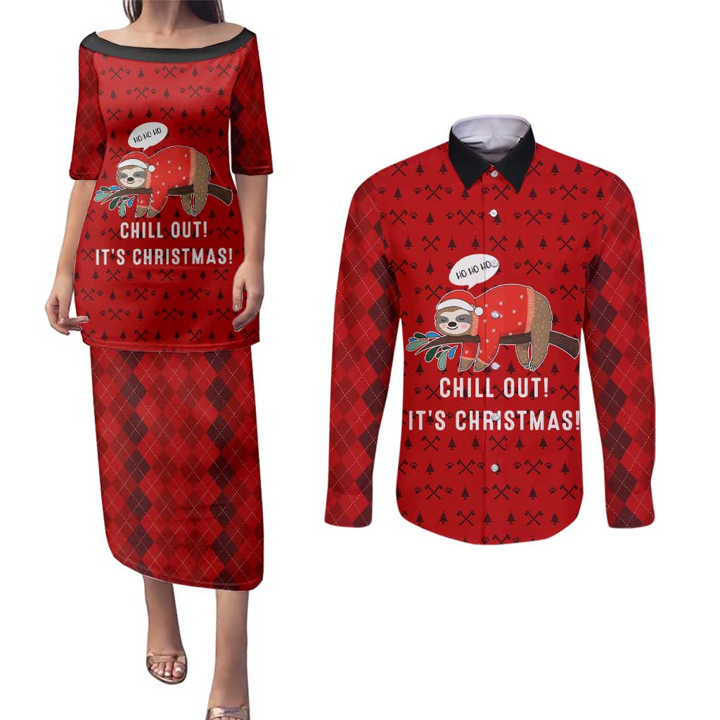 Sloth Chill Out Christmas Couples Matching Puletasi and Long Sleeve Button Shirt Xmas Holiday Patterns - Wonder Print Shop