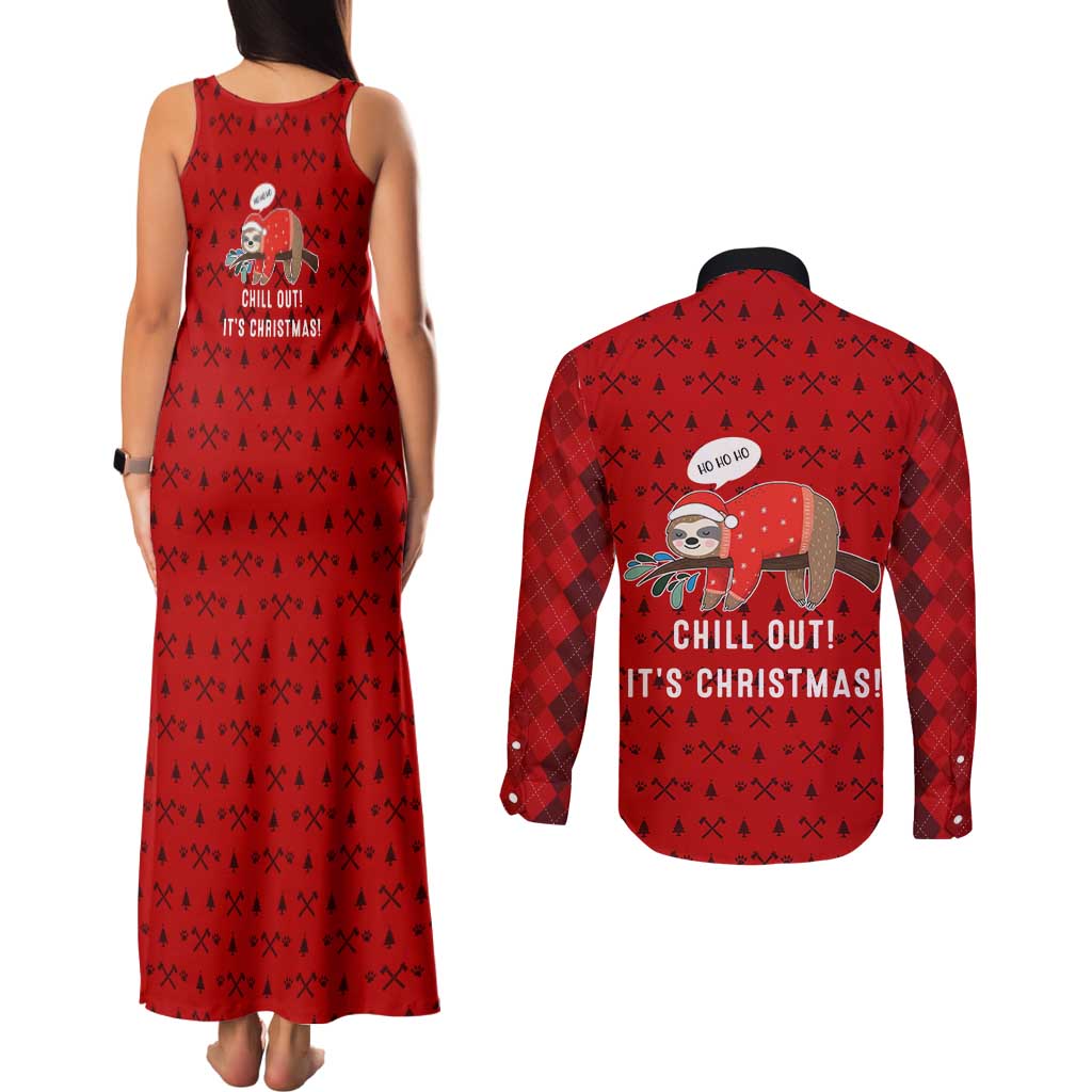 Sloth Chill Out Christmas Couples Matching Tank Maxi Dress and Long Sleeve Button Shirt Xmas Holiday Patterns - Wonder Print Shop