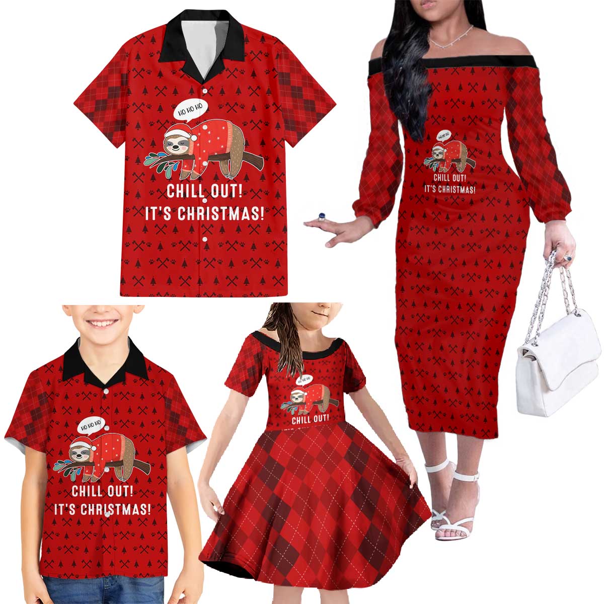 Sloth Chill Out Christmas Family Matching Off The Shoulder Long Sleeve Dress and Hawaiian Shirt Xmas Holiday Patterns - Wonder Print Shop