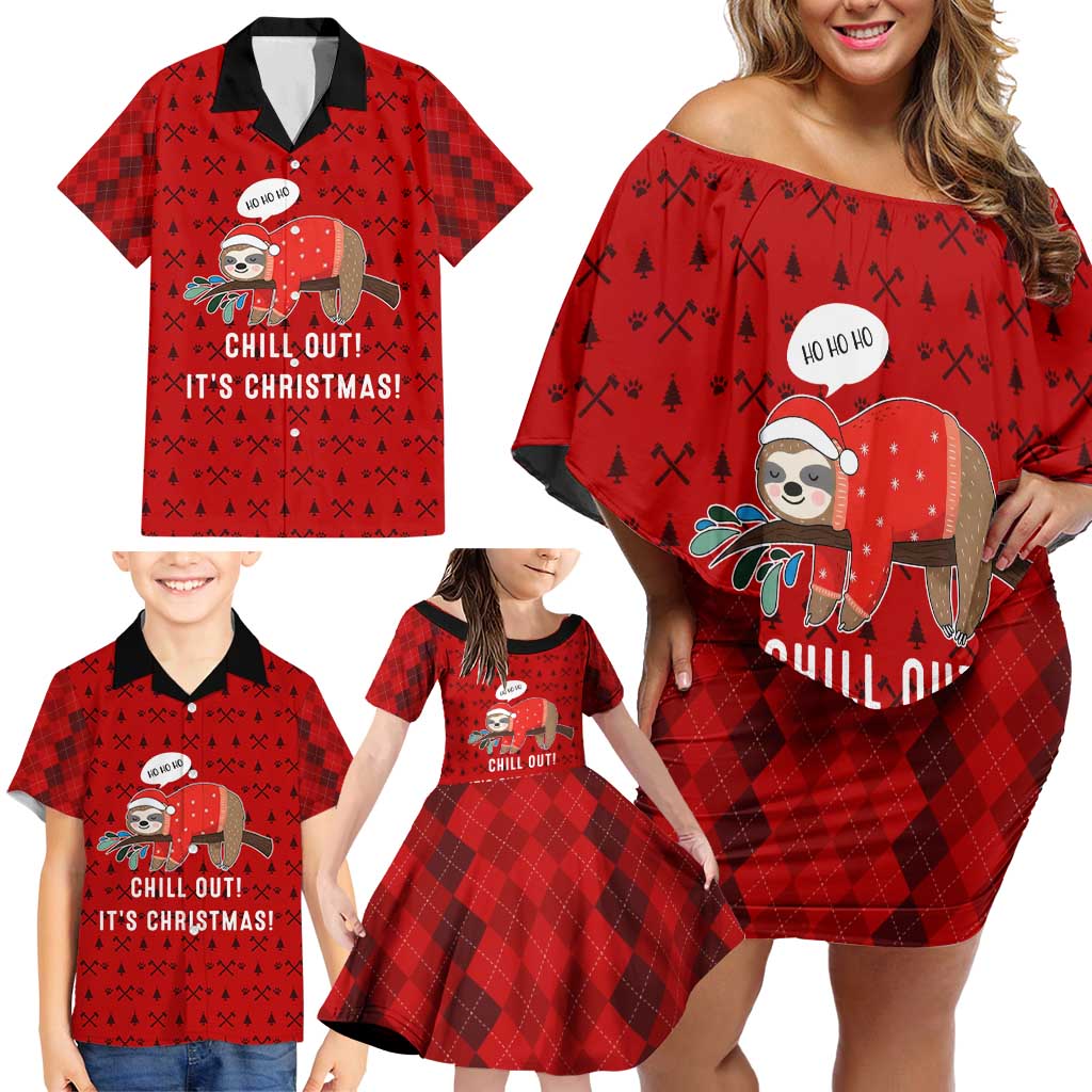 Sloth Chill Out Christmas Family Matching Off Shoulder Short Dress and Hawaiian Shirt Xmas Holiday Patterns - Wonder Print Shop