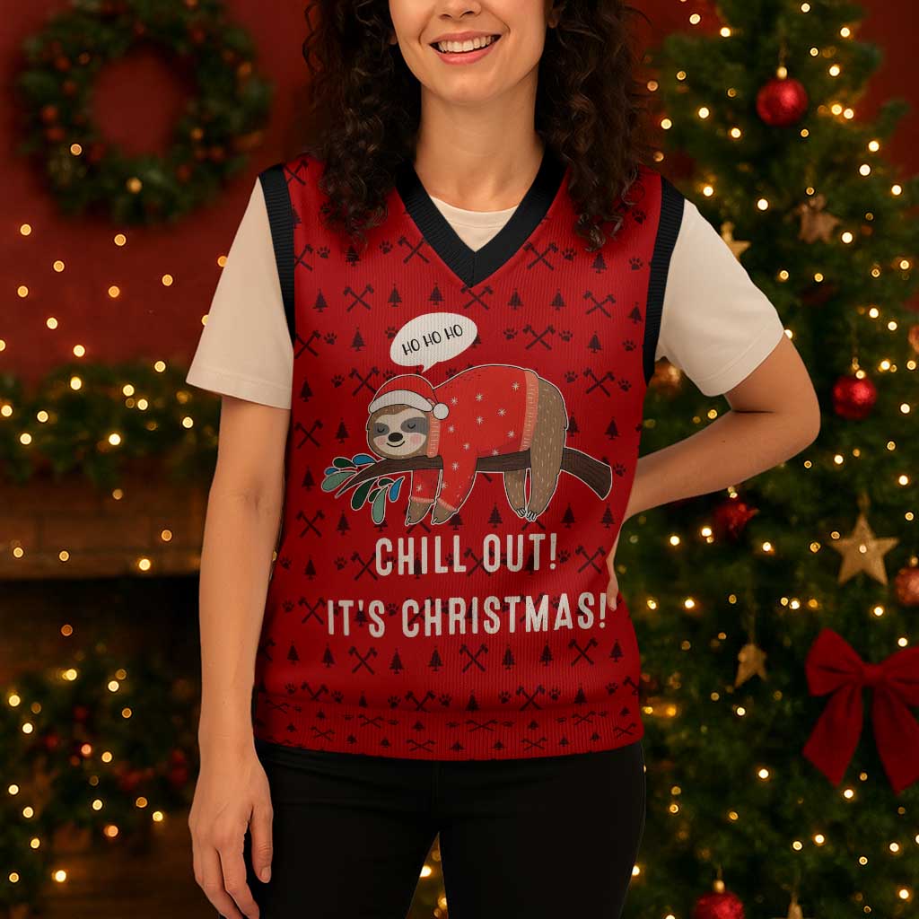 Sloth Chill Out Christmas Knitted V-Neck Vest Xmas Holiday Patterns - Wonder Print Shop