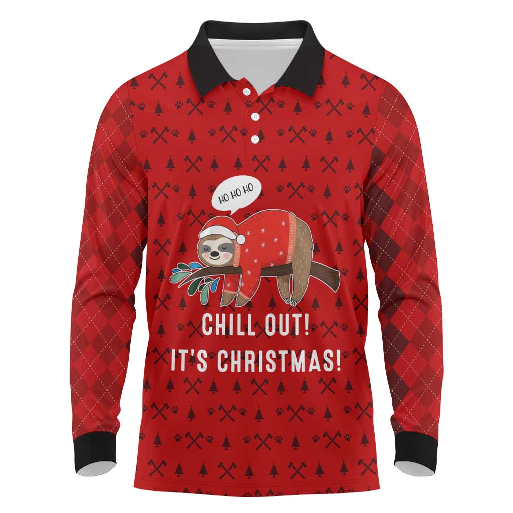Sloth Chill Out Christmas Long Sleeve Polo Shirt Xmas Holiday Patterns - Wonder Print Shop