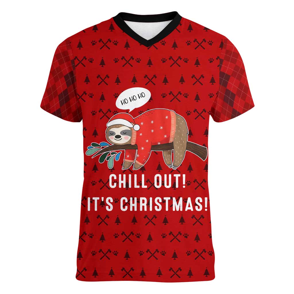 Sloth Chill Out Christmas Women V-Neck T-Shirt Xmas Holiday Patterns - Wonder Print Shop