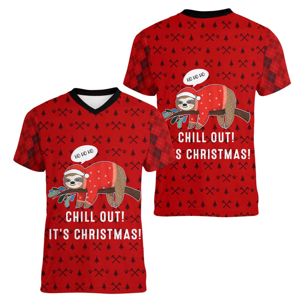 Sloth Chill Out Christmas Women V-Neck T-Shirt Xmas Holiday Patterns - Wonder Print Shop
