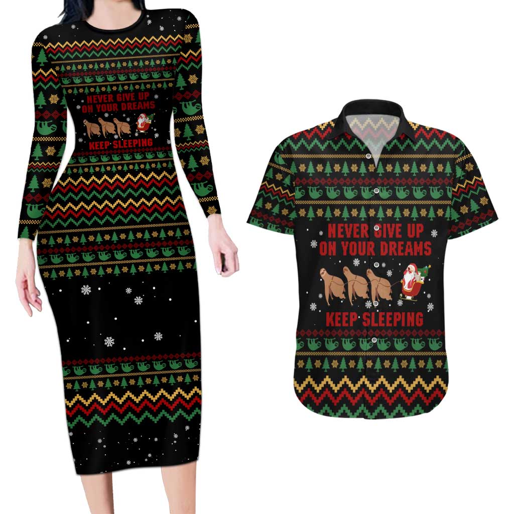 Sloth Keep Sleeping Christmas Couples Matching Long Sleeve Bodycon Dress and Hawaiian Shirt Xmas Holiday Patterns - Wonder Print Shop