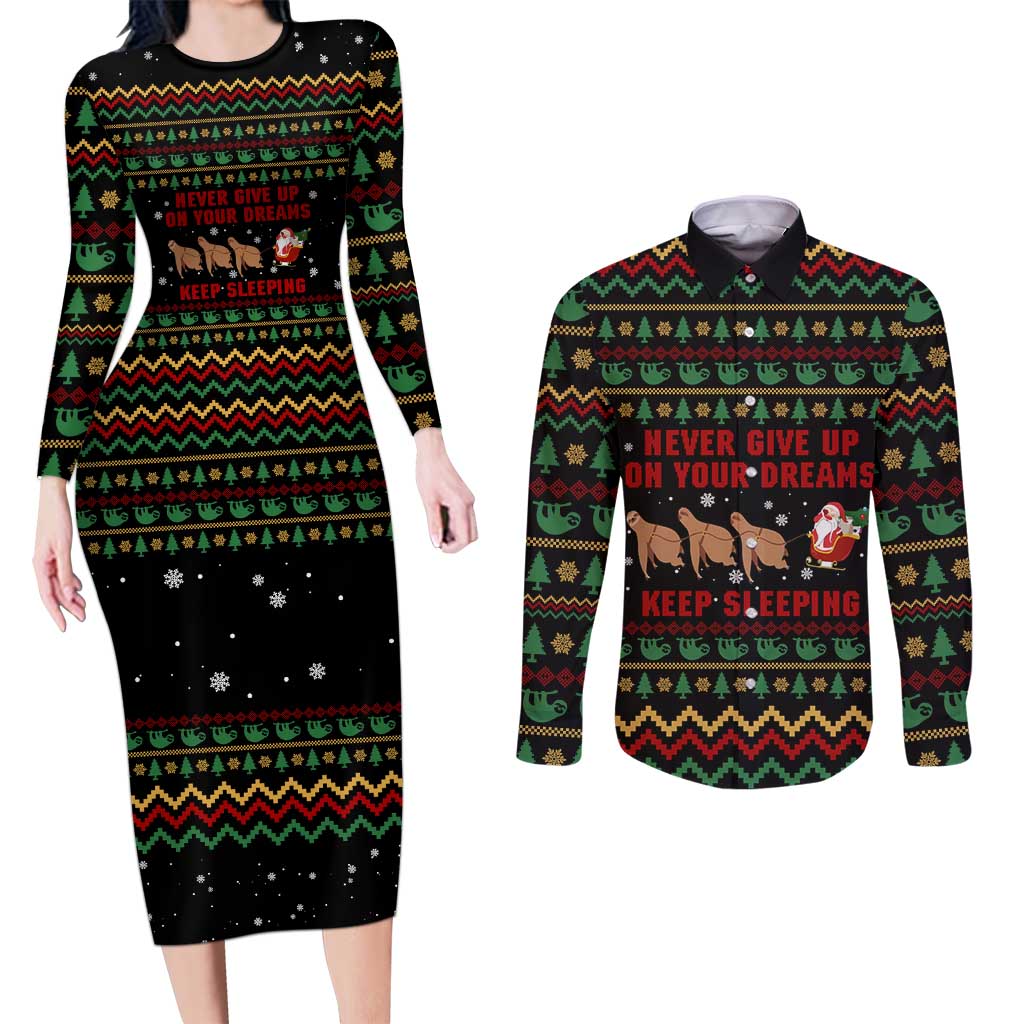 Sloth Keep Sleeping Christmas Couples Matching Long Sleeve Bodycon Dress and Long Sleeve Button Shirt Xmas Holiday Patterns - Wonder Print Shop