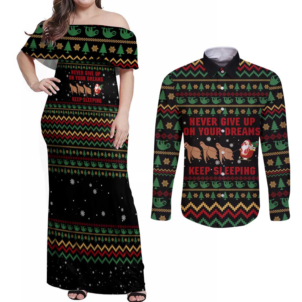 Sloth Keep Sleeping Christmas Couples Matching Off Shoulder Maxi Dress and Long Sleeve Button Shirt Xmas Holiday Patterns - Wonder Print Shop
