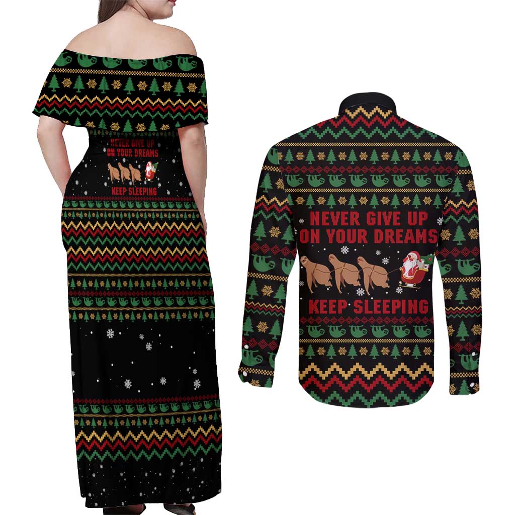 Sloth Keep Sleeping Christmas Couples Matching Off Shoulder Maxi Dress and Long Sleeve Button Shirt Xmas Holiday Patterns - Wonder Print Shop