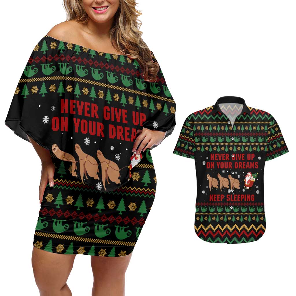 Sloth Keep Sleeping Christmas Couples Matching Off Shoulder Short Dress and Hawaiian Shirt Xmas Holiday Patterns - Wonder Print Shop