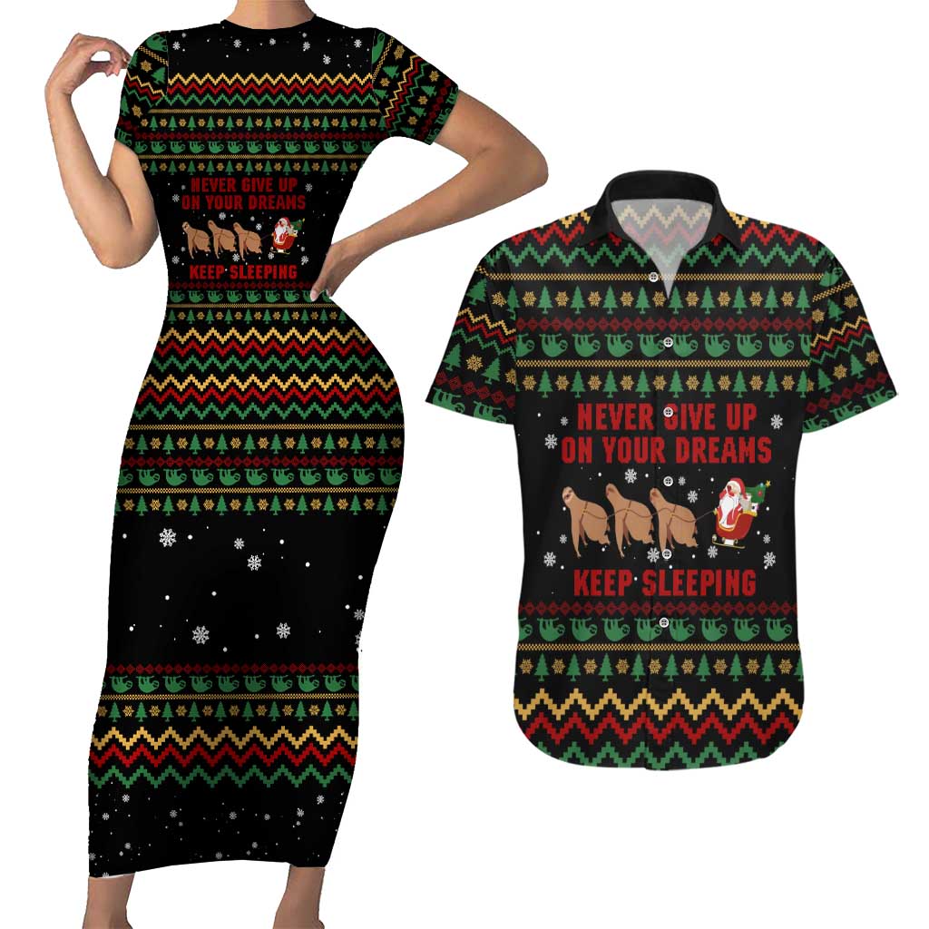 Sloth Keep Sleeping Christmas Couples Matching Short Sleeve Bodycon Dress and Hawaiian Shirt Xmas Holiday Patterns - Wonder Print Shop