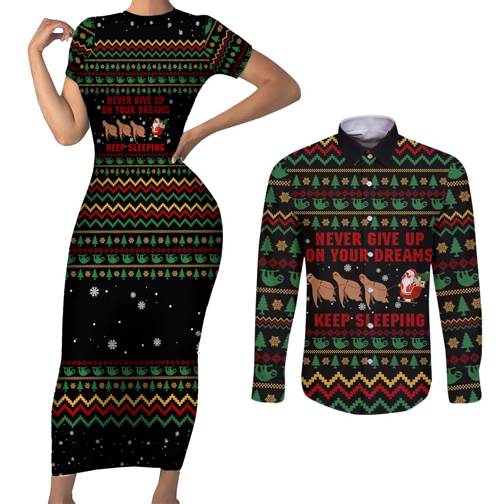 Sloth Keep Sleeping Christmas Couples Matching Short Sleeve Bodycon Dress and Long Sleeve Button Shirt Xmas Holiday Patterns - Wonder Print Shop
