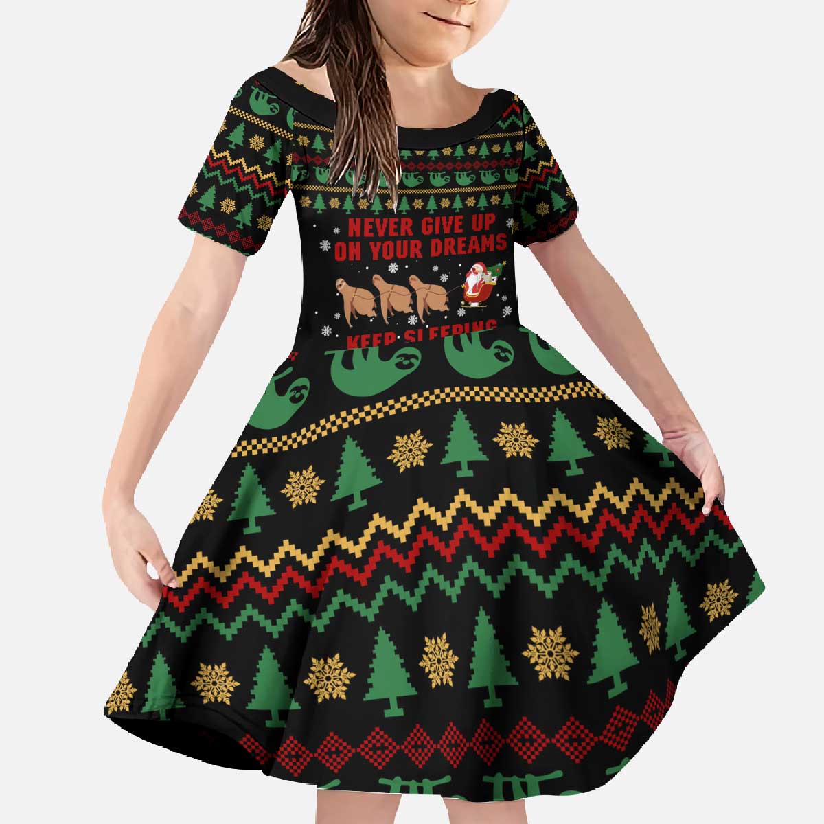 Sloth Keep Sleeping Christmas Family Matching Off The Shoulder Long Sleeve Dress and Hawaiian Shirt Xmas Holiday Patterns - Wonder Print Shop