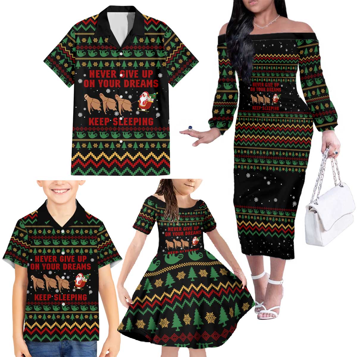 Sloth Keep Sleeping Christmas Family Matching Off The Shoulder Long Sleeve Dress and Hawaiian Shirt Xmas Holiday Patterns - Wonder Print Shop