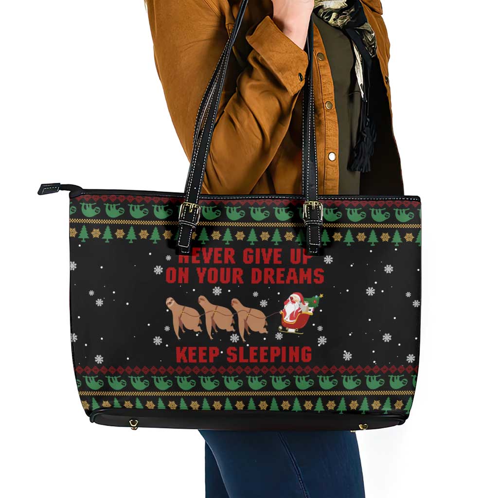 Sloth Keep Sleeping Christmas Leather Tote Bag Xmas Holiday Patterns - Wonder Print Shop
