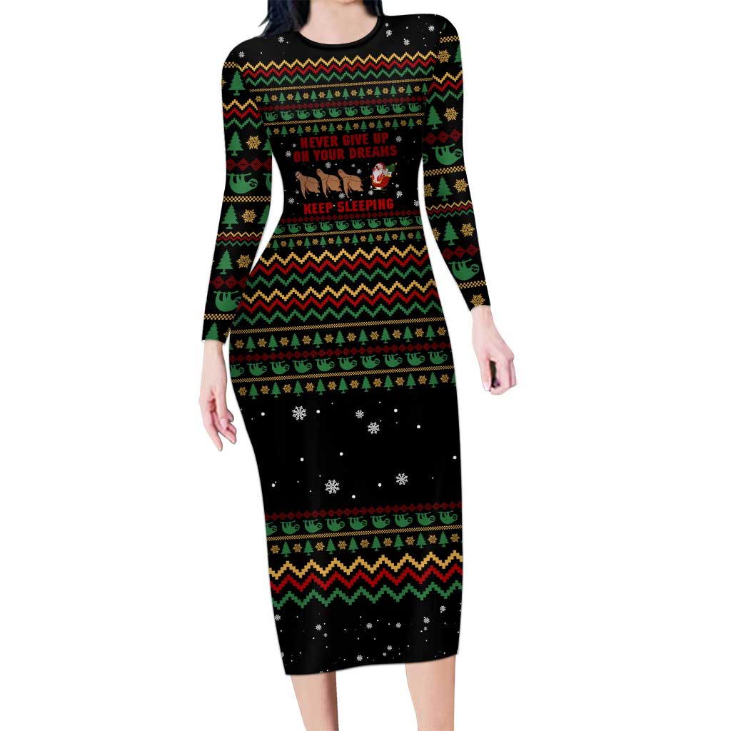 Sloth Keep Sleeping Christmas Long Sleeve Bodycon Dress Xmas Holiday Patterns - Wonder Print Shop