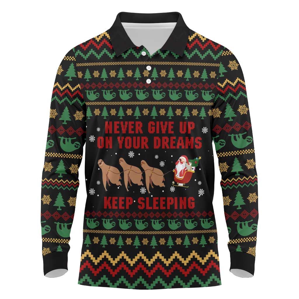Sloth Keep Sleeping Christmas Long Sleeve Polo Shirt Xmas Holiday Patterns - Wonder Print Shop