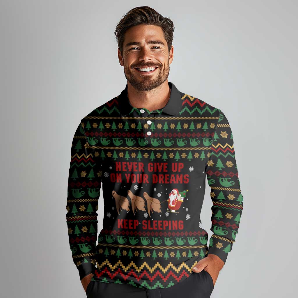 Sloth Keep Sleeping Christmas Long Sleeve Polo Shirt Xmas Holiday Patterns - Wonder Print Shop