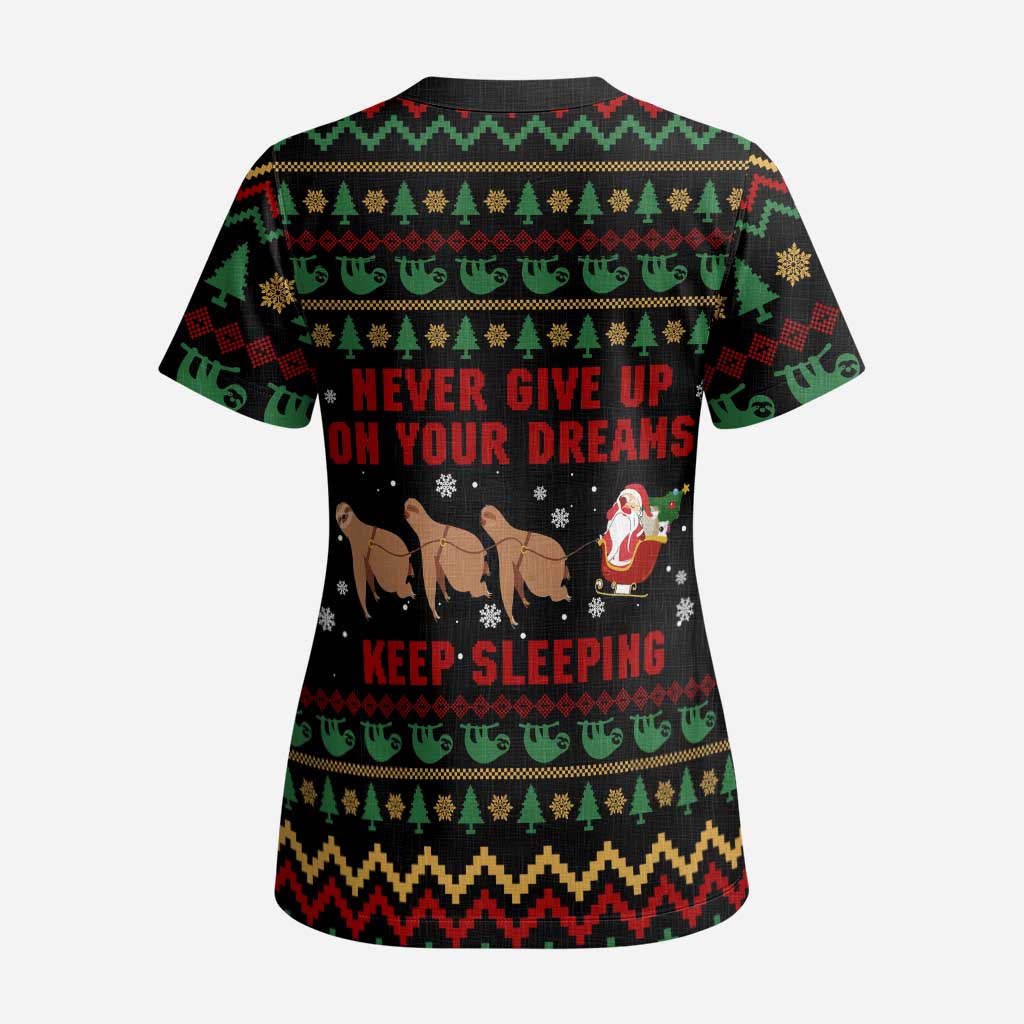 Sloth Keep Sleeping Christmas Scrub Top Xmas Holiday Patterns - Wonder Print Shop
