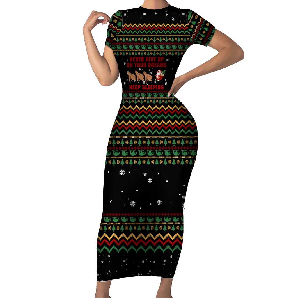 Sloth Keep Sleeping Christmas Short Sleeve Bodycon Dress Xmas Holiday Patterns - Wonder Print Shop