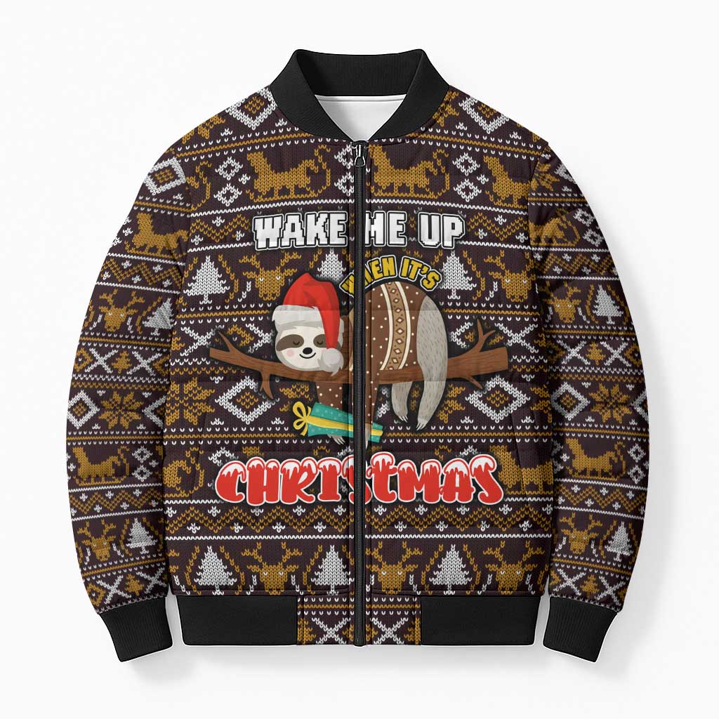 Sloth Wake Me Up Christmas Bomber Puffer Jacket Xmas Holiday Patterns - Wonder Print Shop