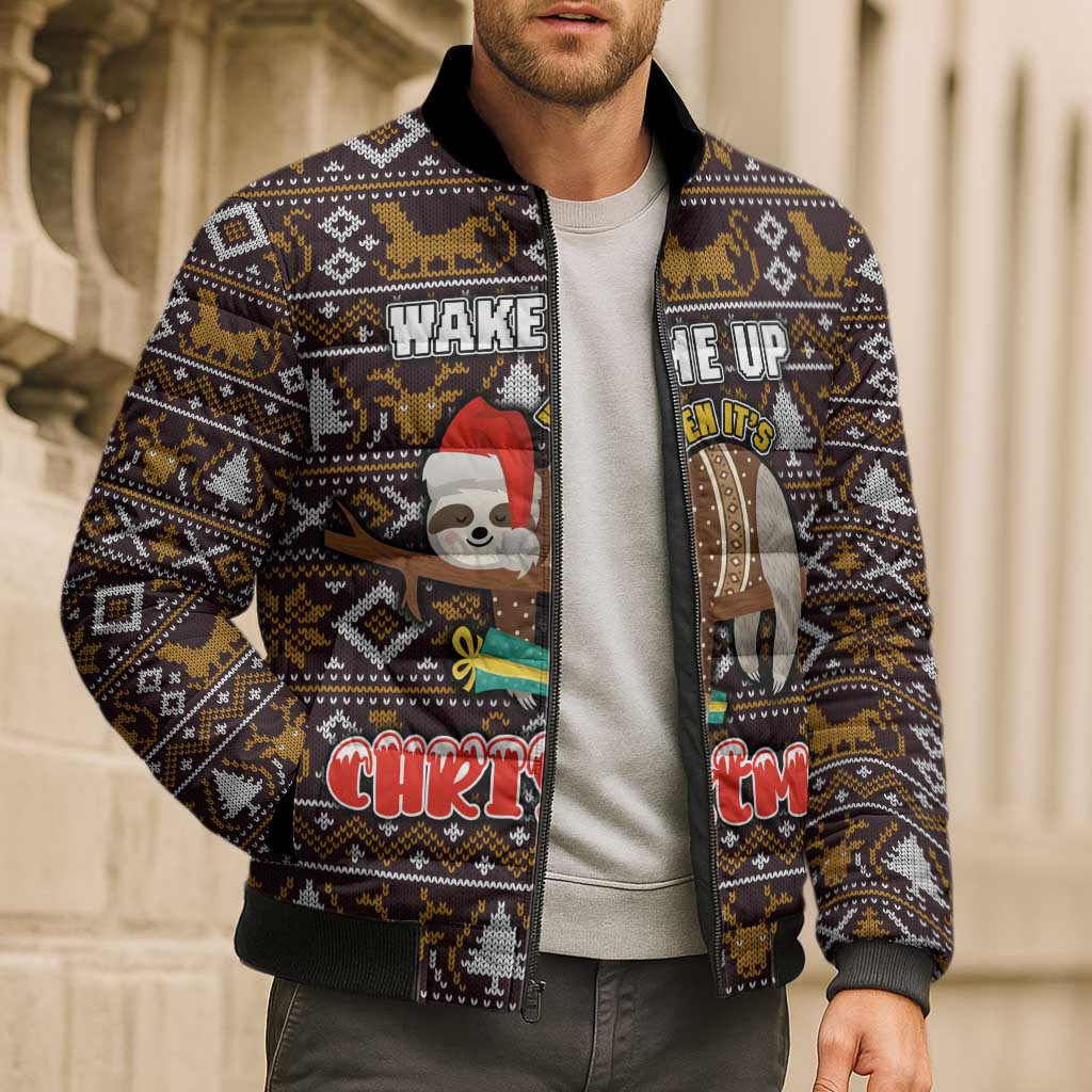 Sloth Wake Me Up Christmas Bomber Puffer Jacket Xmas Holiday Patterns - Wonder Print Shop