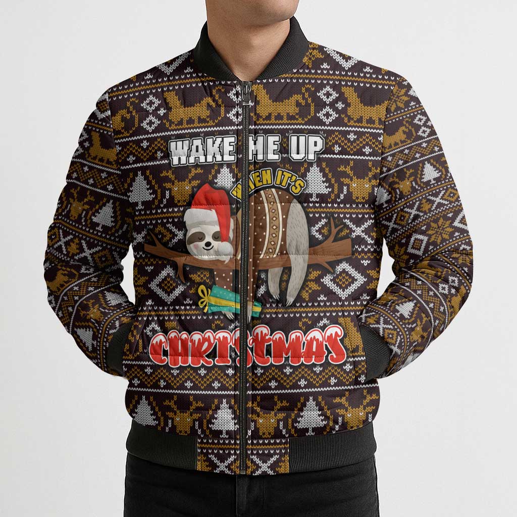 Sloth Wake Me Up Christmas Bomber Puffer Jacket Xmas Holiday Patterns - Wonder Print Shop
