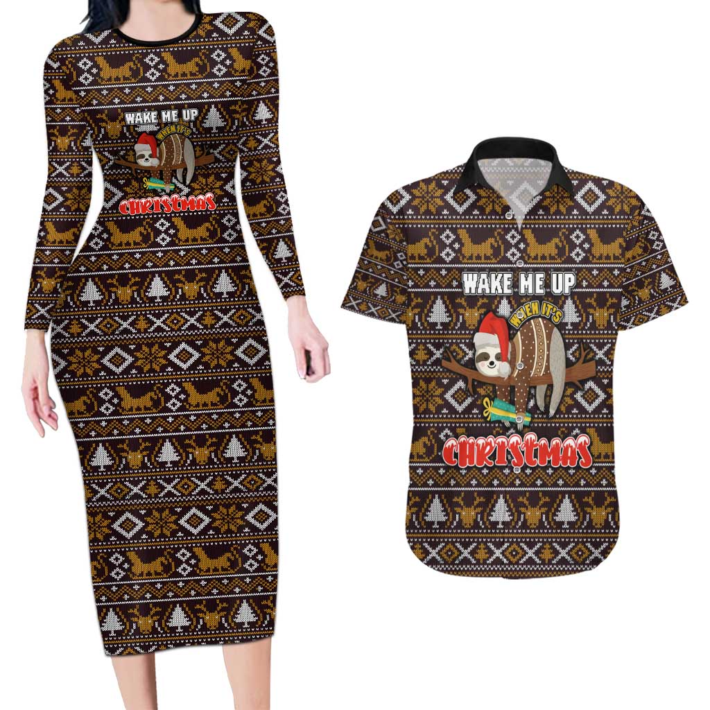 Sloth Wake Me Up Christmas Couples Matching Long Sleeve Bodycon Dress and Hawaiian Shirt Xmas Holiday Patterns - Wonder Print Shop