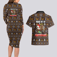 Sloth Wake Me Up Christmas Couples Matching Long Sleeve Bodycon Dress and Hawaiian Shirt Xmas Holiday Patterns - Wonder Print Shop