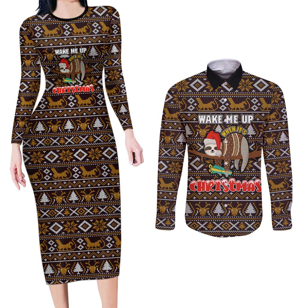 Sloth Wake Me Up Christmas Couples Matching Long Sleeve Bodycon Dress and Long Sleeve Button Shirt Xmas Holiday Patterns - Wonder Print Shop