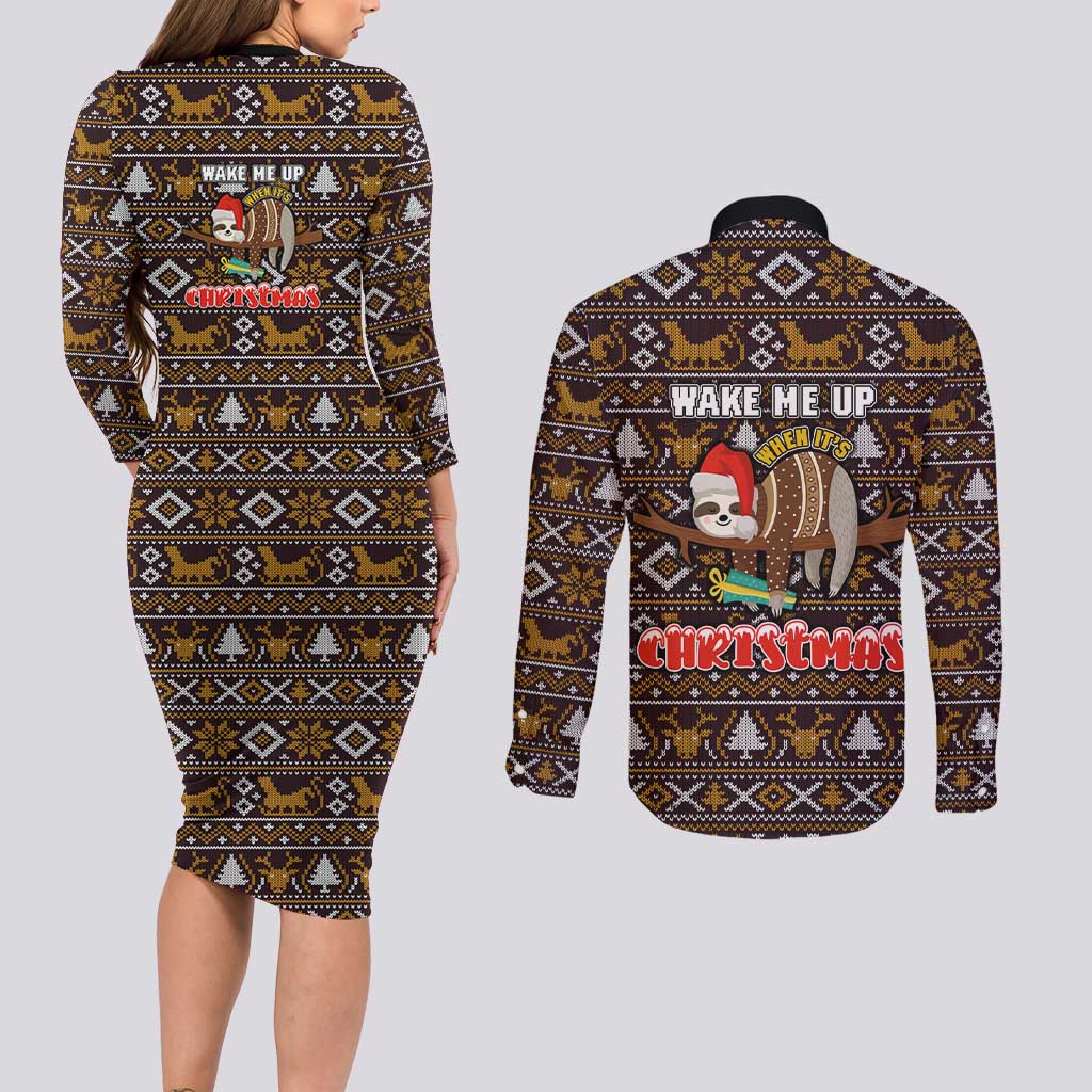 Sloth Wake Me Up Christmas Couples Matching Long Sleeve Bodycon Dress and Long Sleeve Button Shirt Xmas Holiday Patterns - Wonder Print Shop